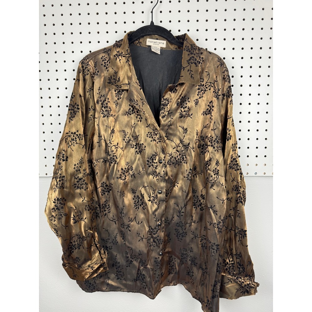 Vintage 90s Whimsigoth Metallic Gold Floral Blouse Top Plus